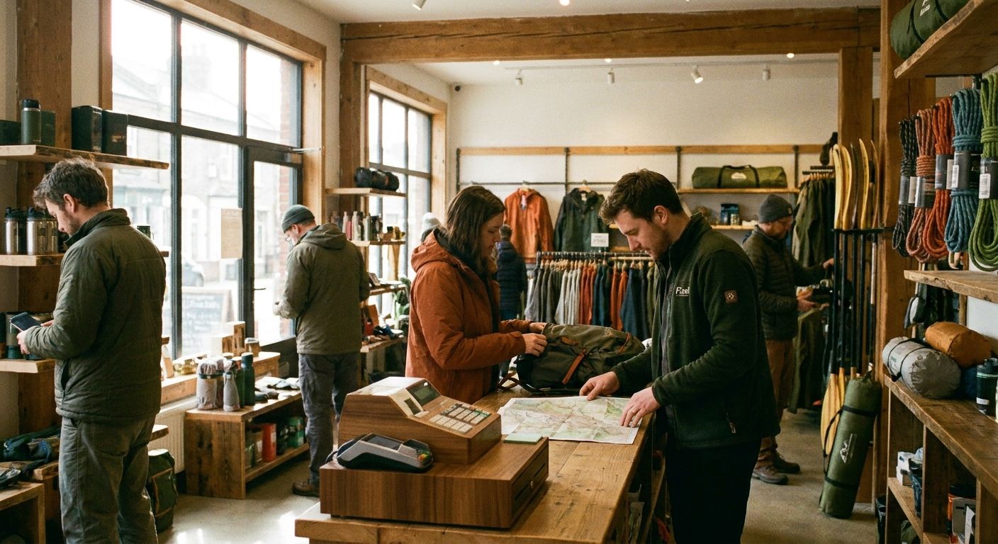Customers browsing hiking and climbing gear in an independent outdoor retailer while staff give advice near a modern payment terminal
