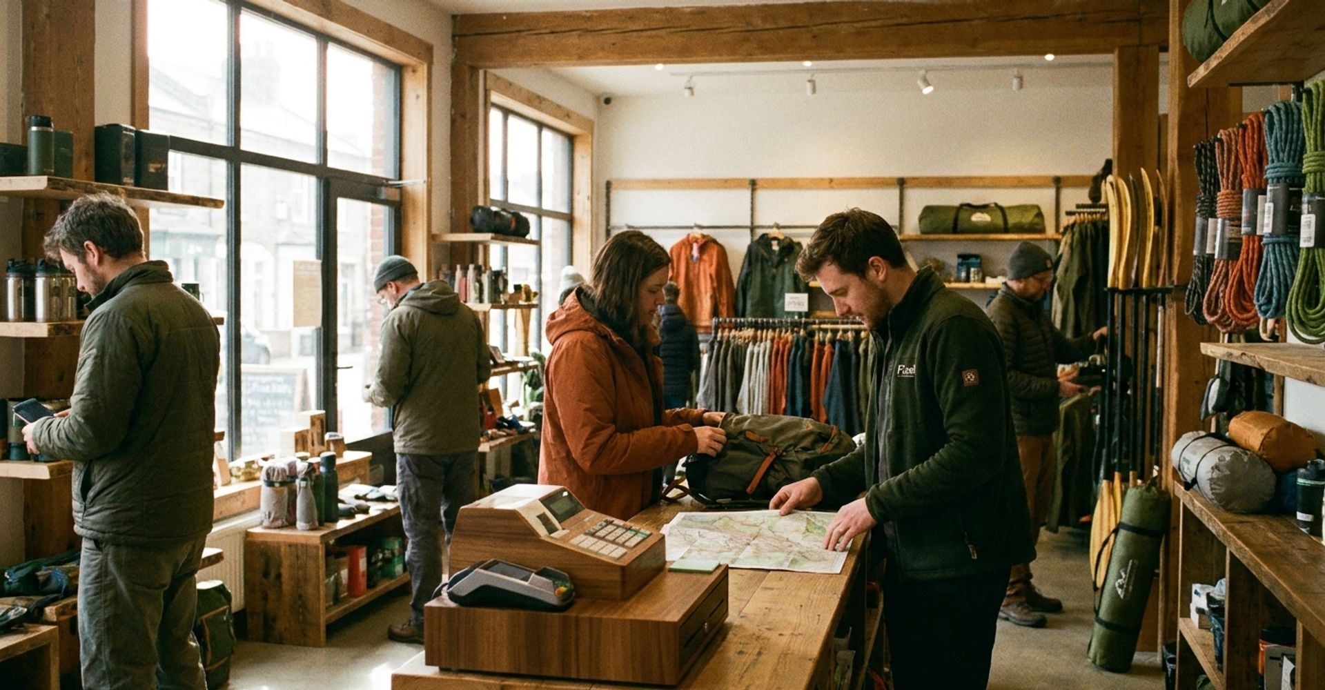 Customers browsing hiking and climbing gear in an independent outdoor retailer while staff give advice near a modern payment terminal
