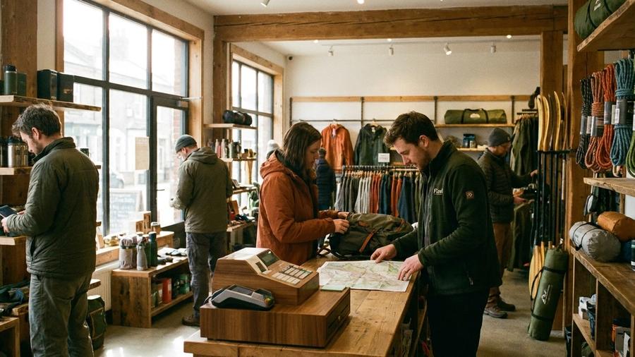 Customers browsing hiking and climbing gear in an independent outdoor retailer while staff give advice near a modern payment terminal
