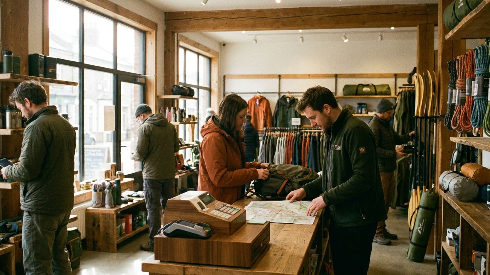 Customers browsing hiking and climbing gear in an independent outdoor retailer while staff give advice near a modern payment terminal