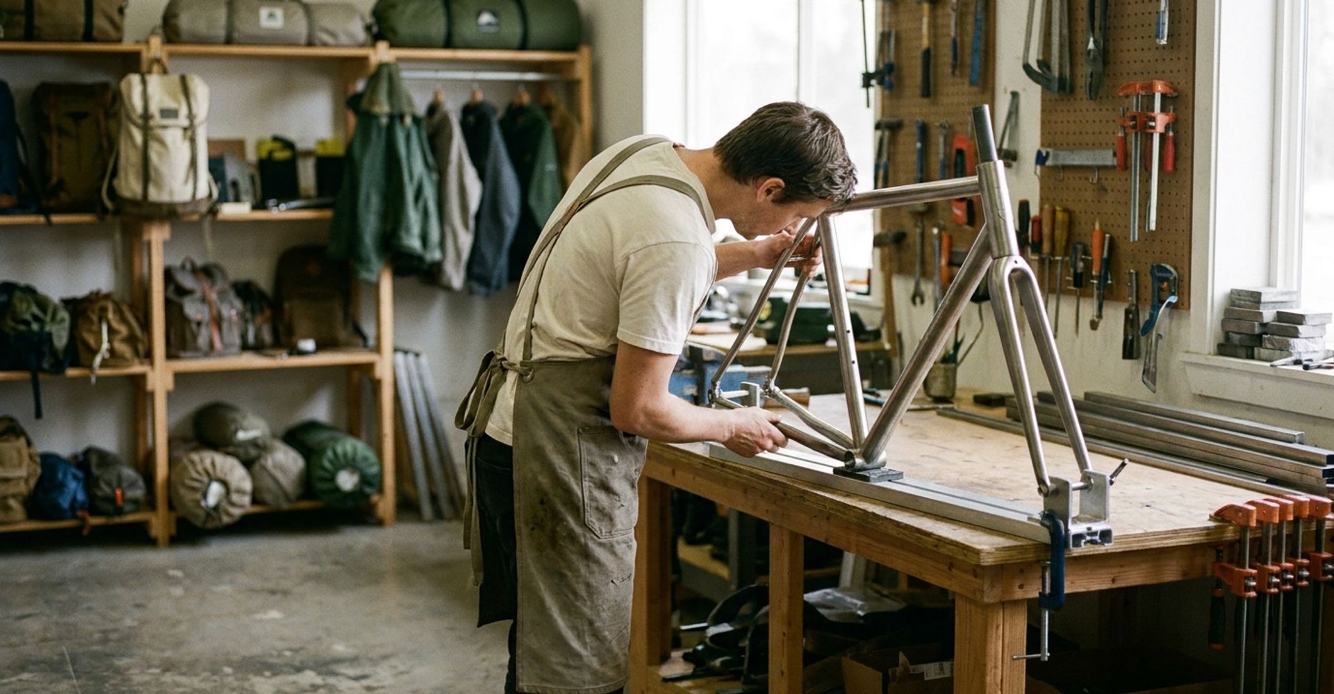 Product developer inspecting a partially assembled bike frame on a workbench in an outdoor equipment brand's workshop