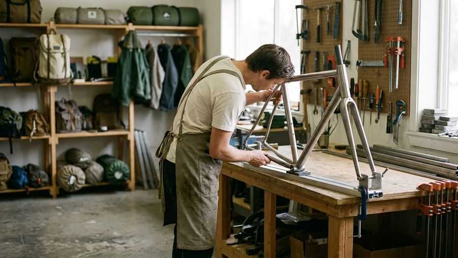 Product developer inspecting a partially assembled bike frame on a workbench in an outdoor equipment brand's workshop