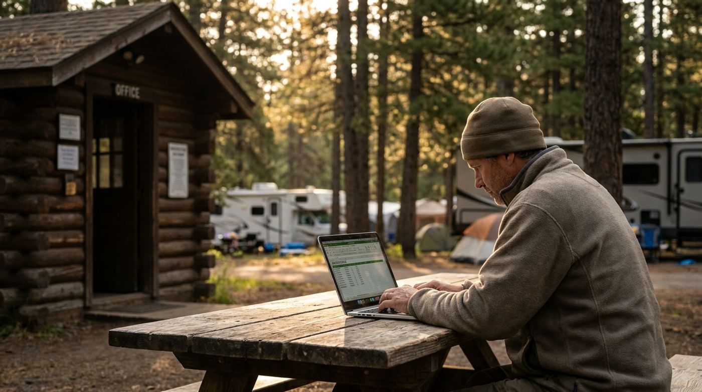 A campground owner checking reservation reports and payment summaries on a laptop