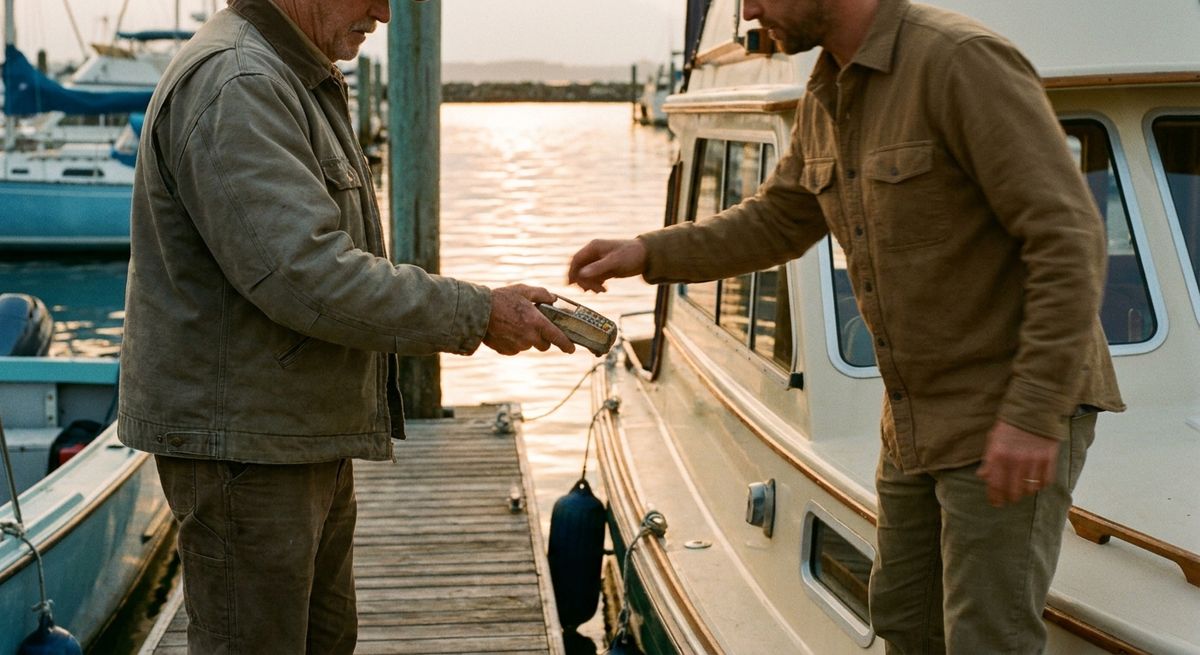 A marina staff member taking payment on a handheld device at a fuel dock