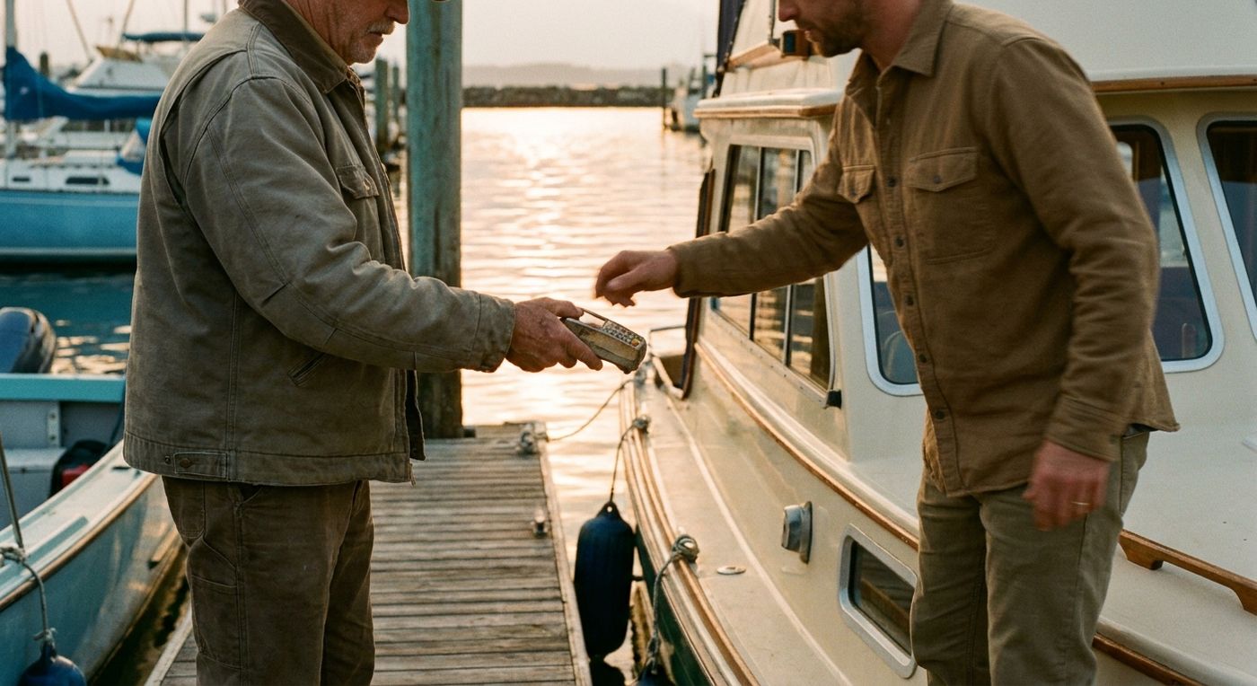 A marina staff member taking payment on a handheld device at a fuel dock
