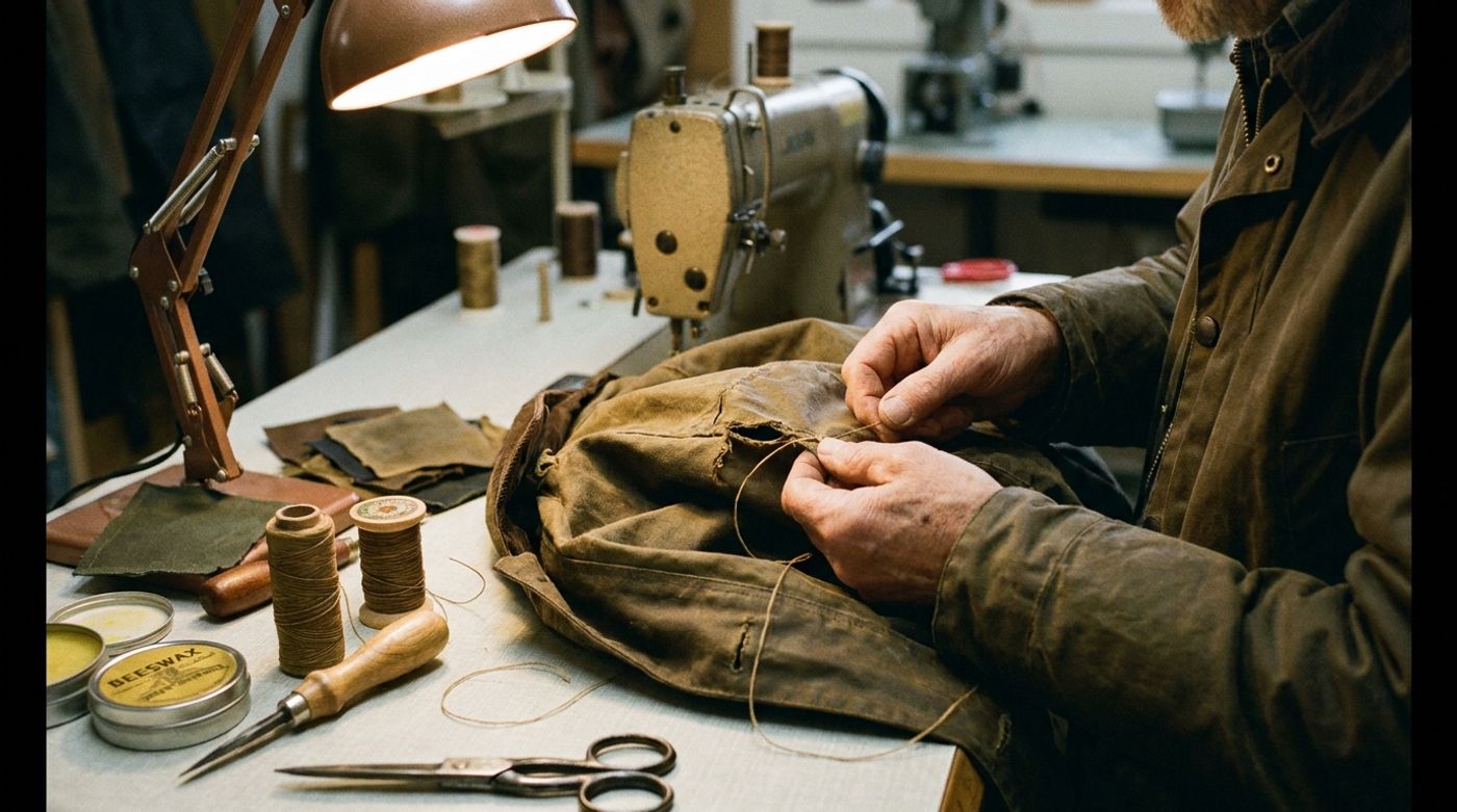 Hands repairing a jacket seam on a workbench under warm task light