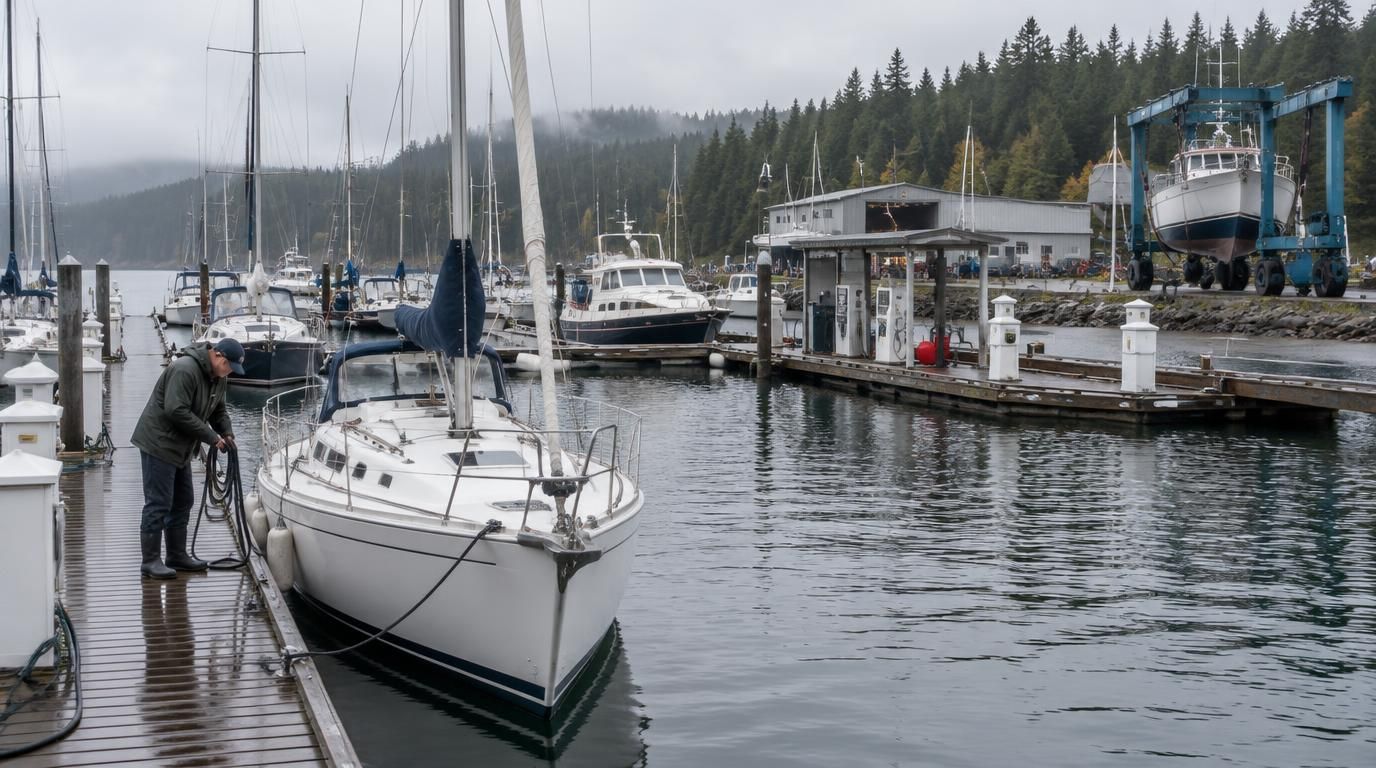 A dockhand in a rain jacket coils a shore power cable beside a moored sailboat at a marina on an overcast morning, with a fuel dock, a boatyard building and a travel lift holding a hull against an evergreen shoreline.