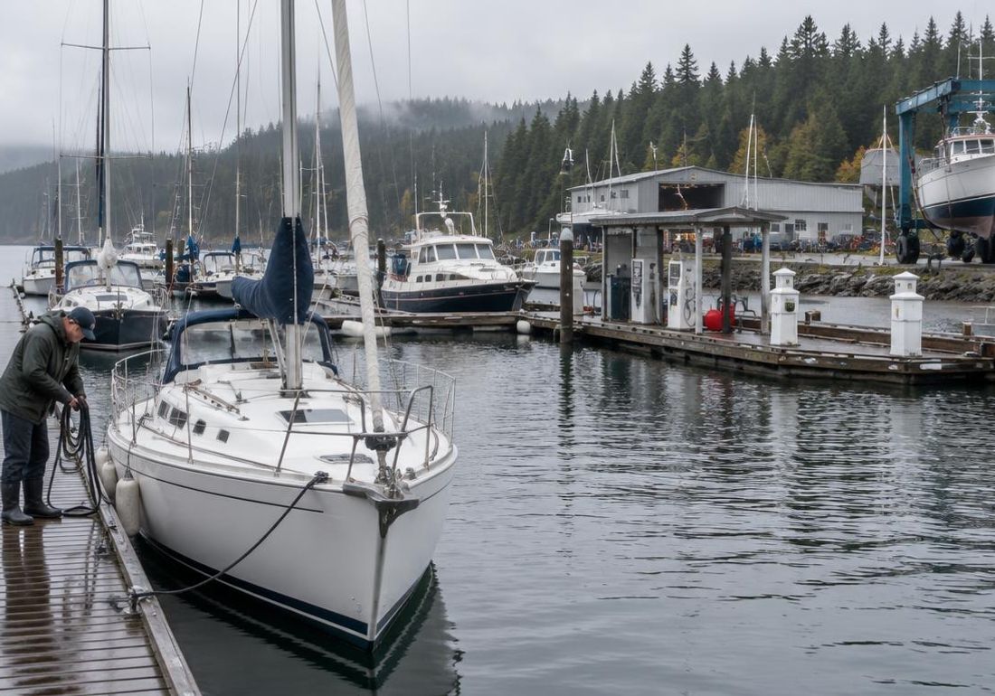 A dockhand in a rain jacket coils a shore power cable beside a moored sailboat at a marina on an overcast morning, with a fuel dock, a boatyard building and a travel lift holding a hull against an evergreen shoreline.