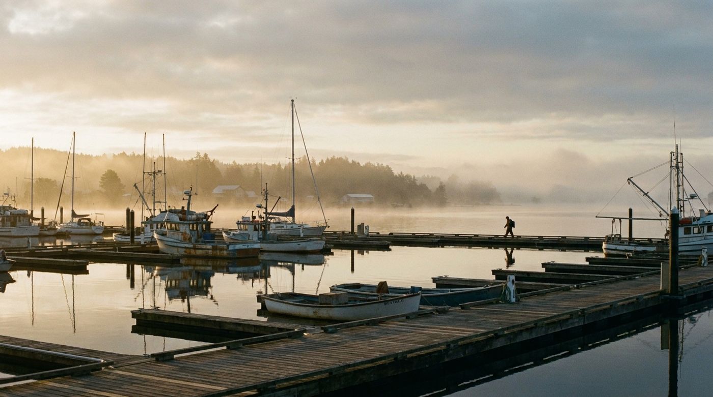 A working marina at first light with boats on their slips