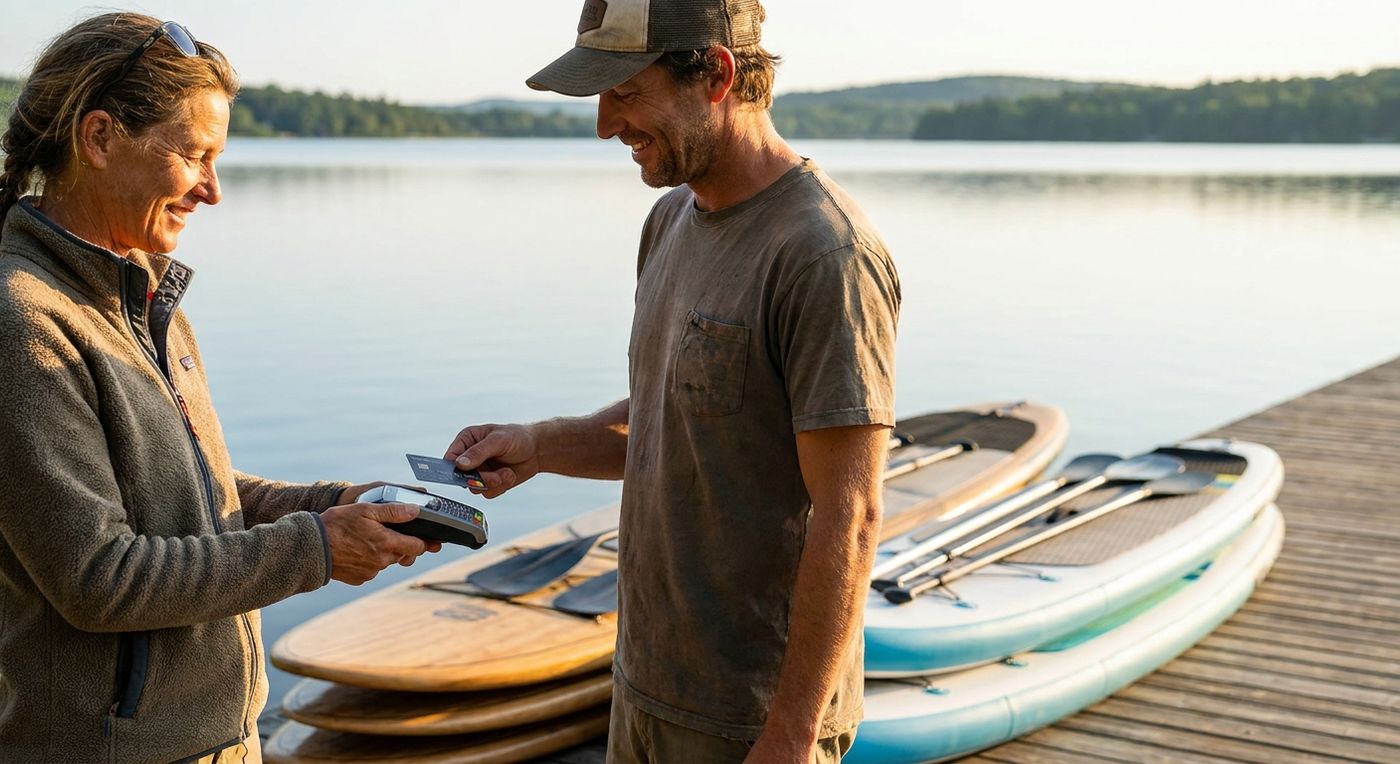 A paddleboard rental operator processing a payment beside a lake using a wireless terminal