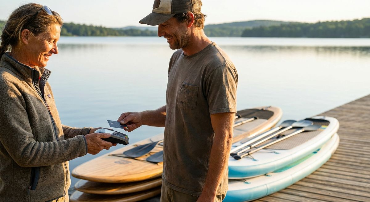 A paddleboard rental operator processing a payment beside a lake using a wireless terminal