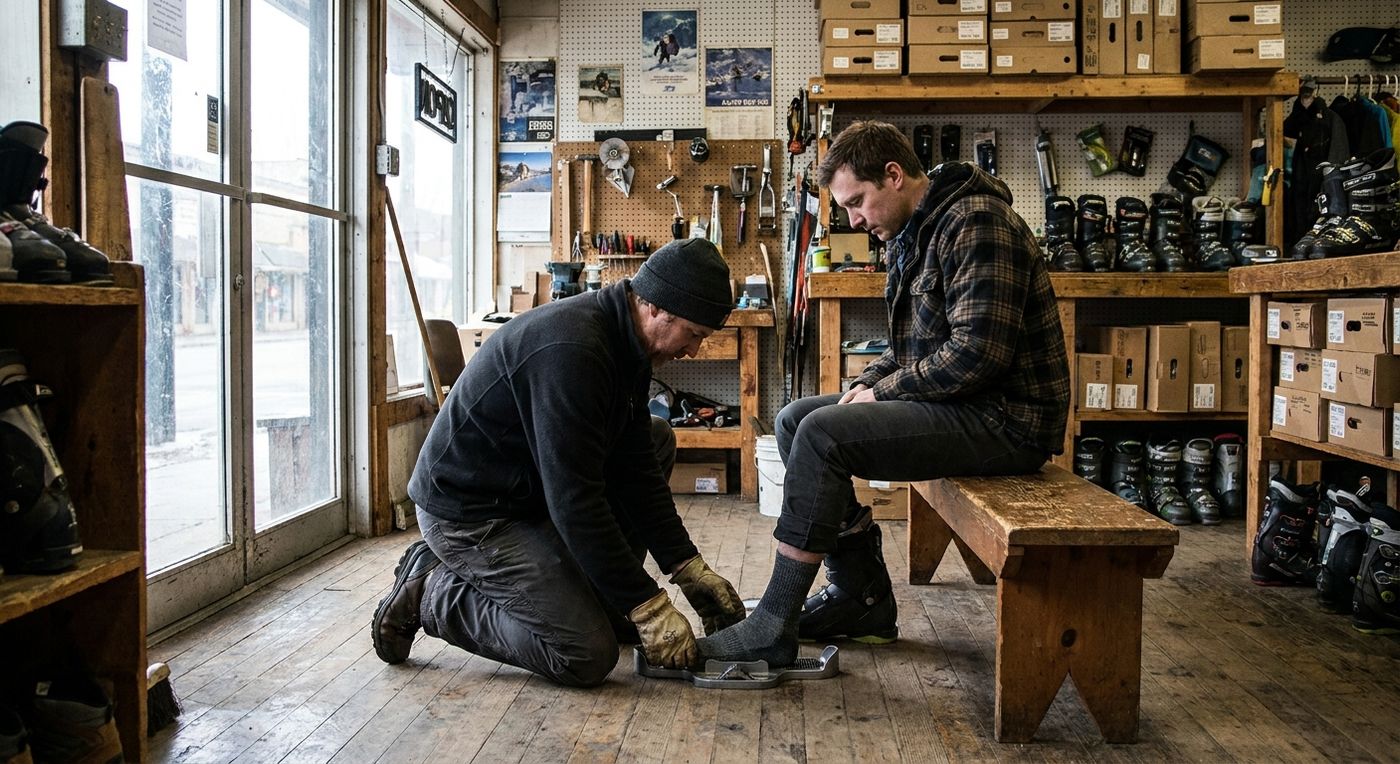 A boot fitter kneeling beside a customer in a ski shop, checking the fit of a ski boot beside a rack of boots