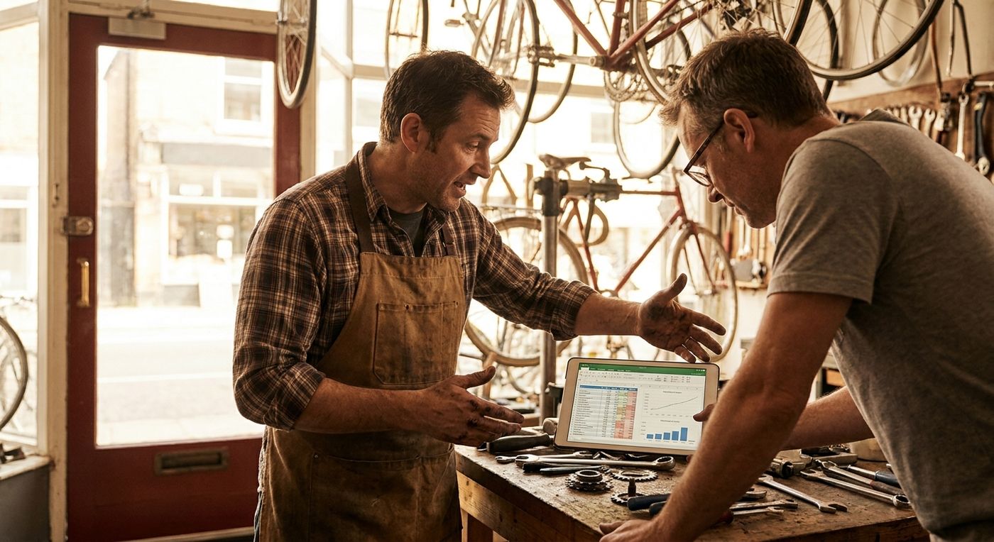A bike shop owner discussing business performance while reviewing payment reports on a tablet
