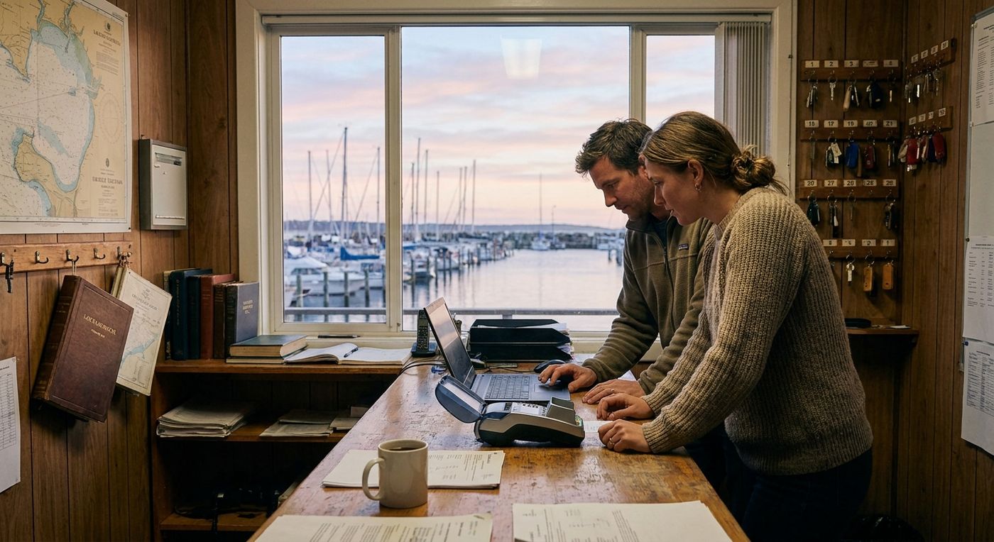 Staff in a marina office reconciling the day's transactions using modern payment software