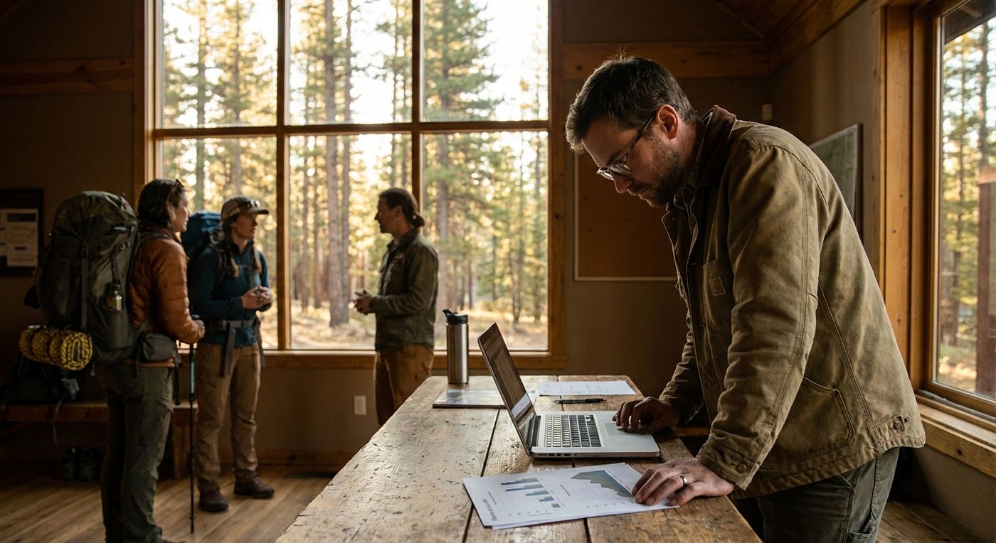 A campground owner reviewing business reports on a laptop at reception while guests check in behind him