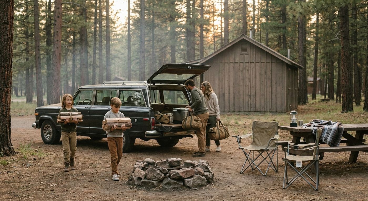 A family sets up camp beside a cabin at a wooded campground in the evening, children carrying firewood while adults unpack the car