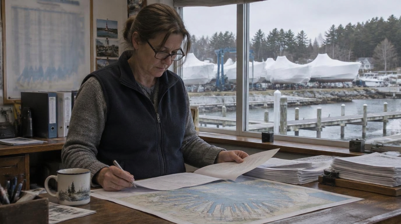 A marina office manager in a fleece vest reviews a printed slip map and a stack of seasonal agreements at a wooden counter on an overcast spring morning, with shrink-wrapped boats on stands, a travel lift and empty docks visible through the window.