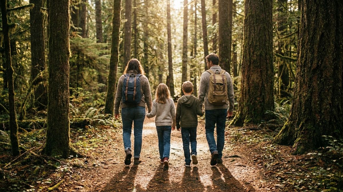 A family walking a forest trail in soft morning light