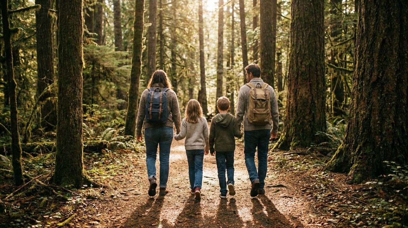 A family walking a forest trail in soft morning light