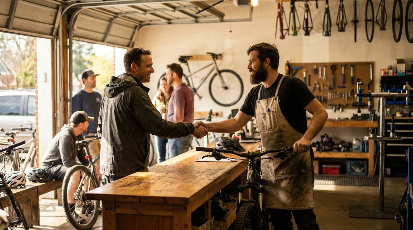 A mechanic hands back a repaired mountain bike at a busy bike shop service counter on a spring Saturday morning