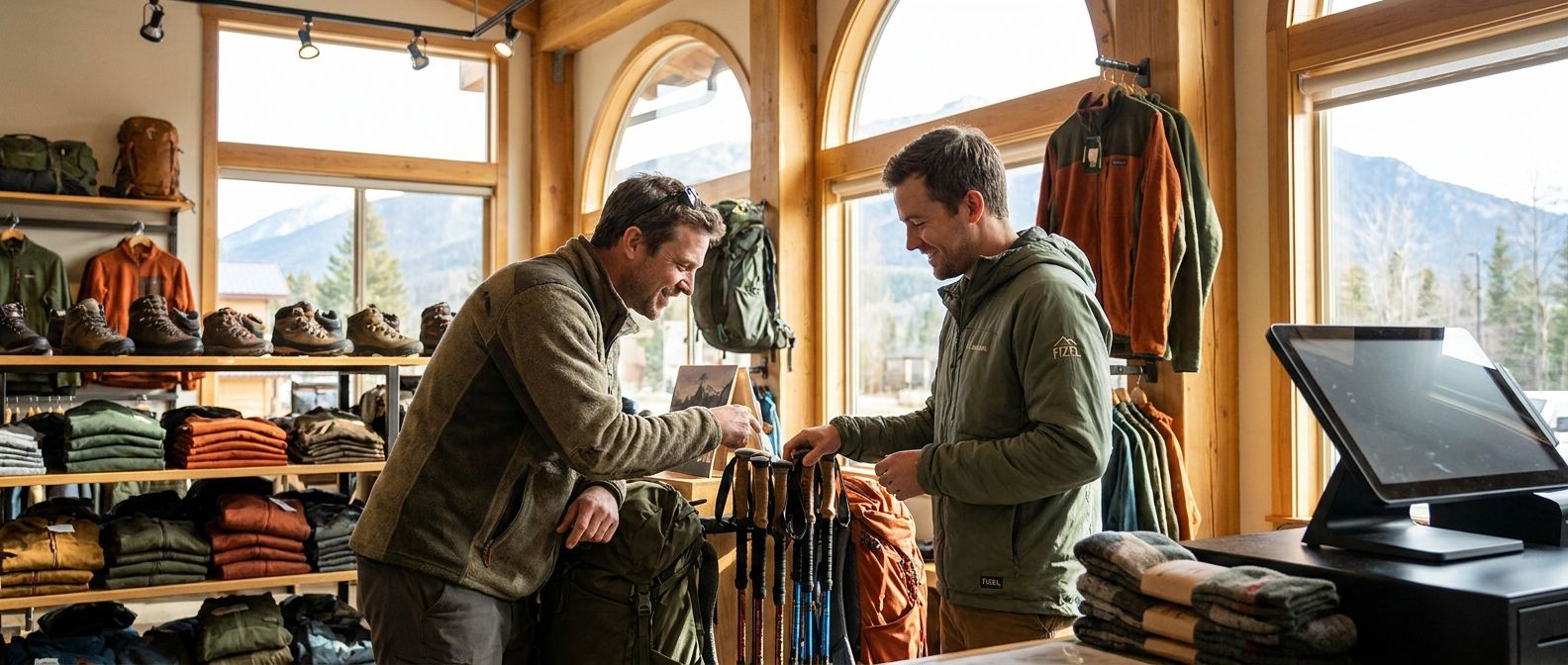 An employee in an outdoor retailer helping a customer purchase hiking equipment using a modern touchscreen POS