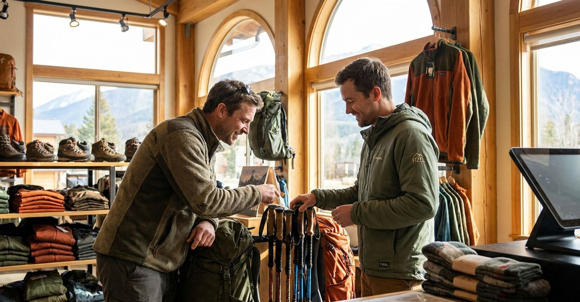 An employee in an outdoor retailer helping a customer purchase hiking equipment using a modern touchscreen POS