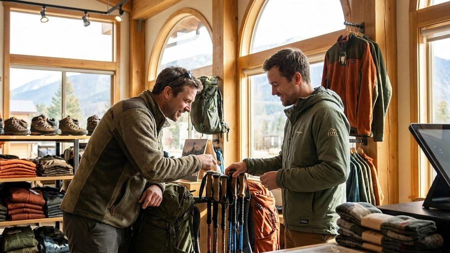An employee in an outdoor retailer helping a customer purchase hiking equipment using a modern touchscreen POS