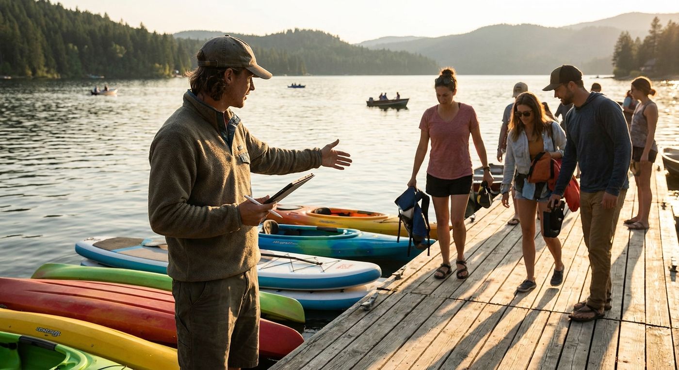 A rental shop employee uses a tablet to check in returned kayaks and paddleboards on a lakeside dock while customers unload gear