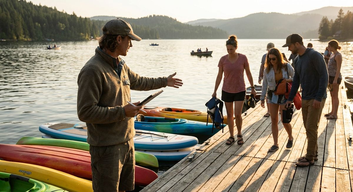 A rental shop employee uses a tablet to check in returned kayaks and paddleboards on a lakeside dock while customers unload gear