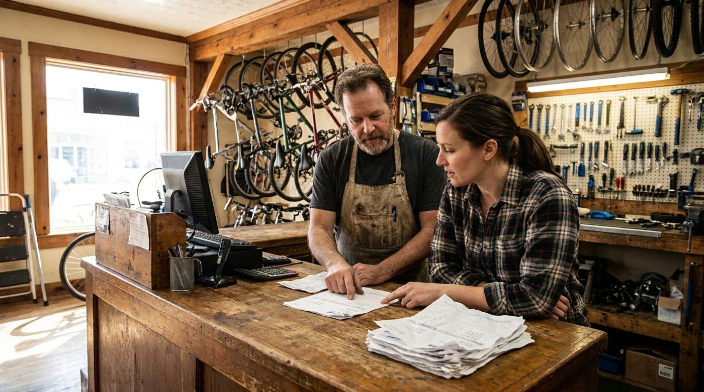 A bike shop owner discussing business performance while reviewing payment statements