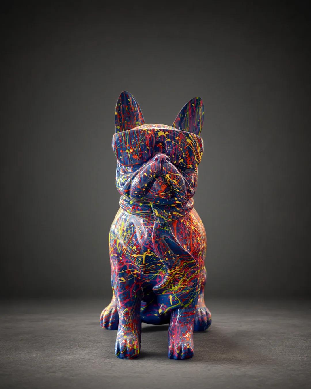 Fransız Bulldog Üçlüsü — Pop-Art Sıçratma Heykel — görsel 2