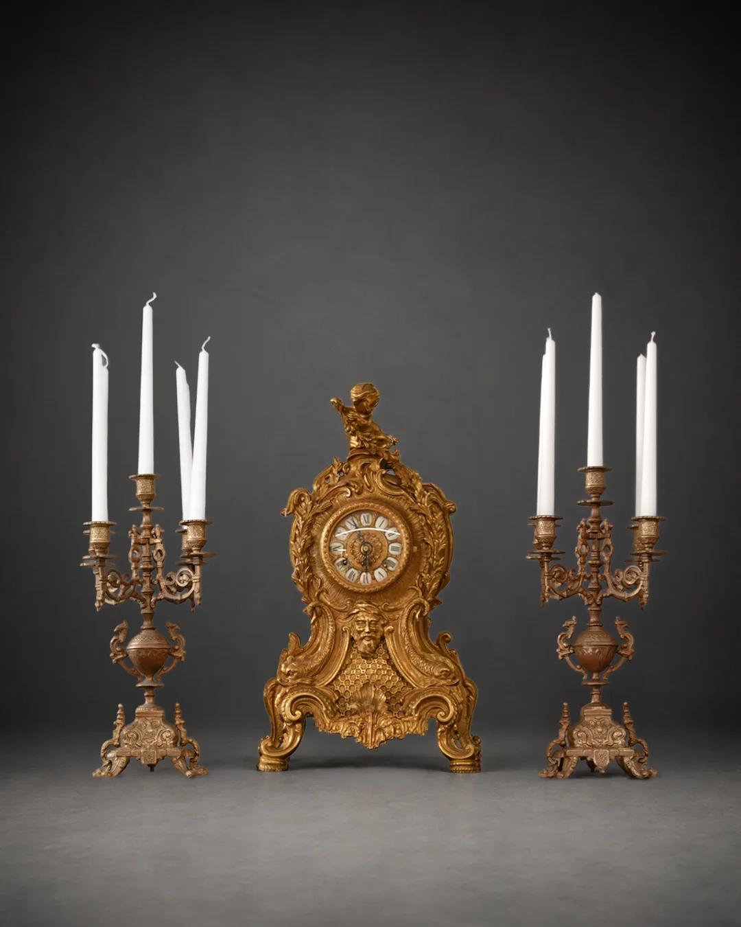 Louis XV Üslubu Yaldızlı Bronz Şömine Takımı — görsel 1