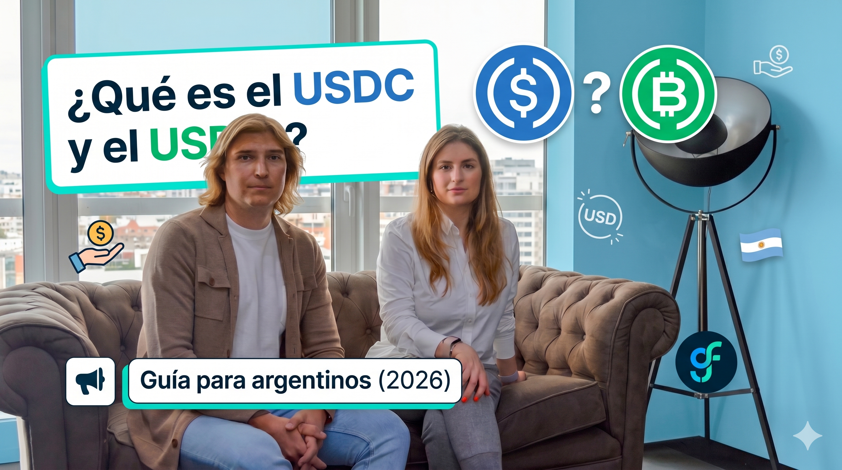 Ilustración de stablecoins USDC y USDB conectando una cuenta bancaria en dólares con una wallet digital para usuarios en Argentina