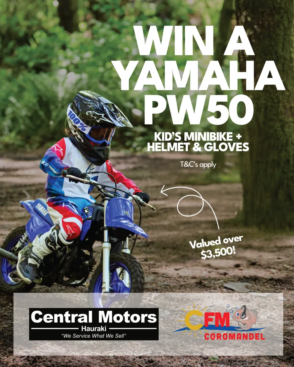 A child in motocross gear riding a blue Yamaha PW50 mini bike on a forest track, with the words “Win a Yamaha PW50, valued over $3,500”