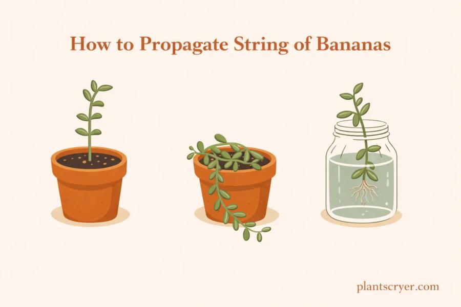 String of bananas propagation guide illustration showing three methods: stem cutting planted in soil, vine coiled on soil surface for rooting, and water propagation in a glass jar with visible roots, in a flat vector botanical style