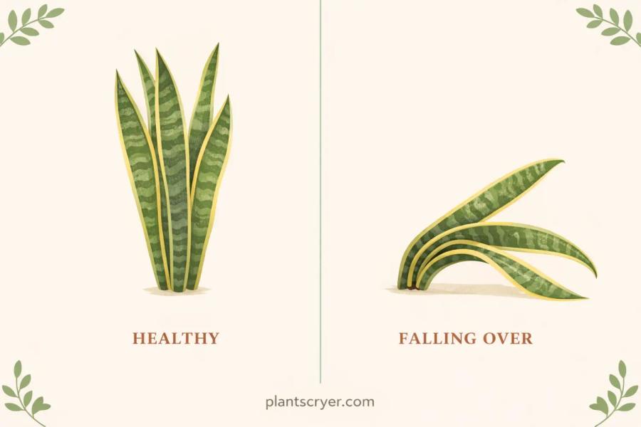 Snake plant comparison showing tall upright healthy leaves on the left versus leaves collapsed flat at the base on the right, illustrating the base-collapse pattern of a falling over snake plant