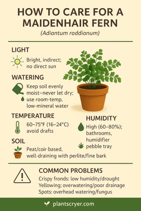 Maidenhair Fern care infographic: bright, indirect light; keep soil evenly moist; high humidity (60–80%); 60–75°F; peat/coir mix with perlite; common problems and fixes.