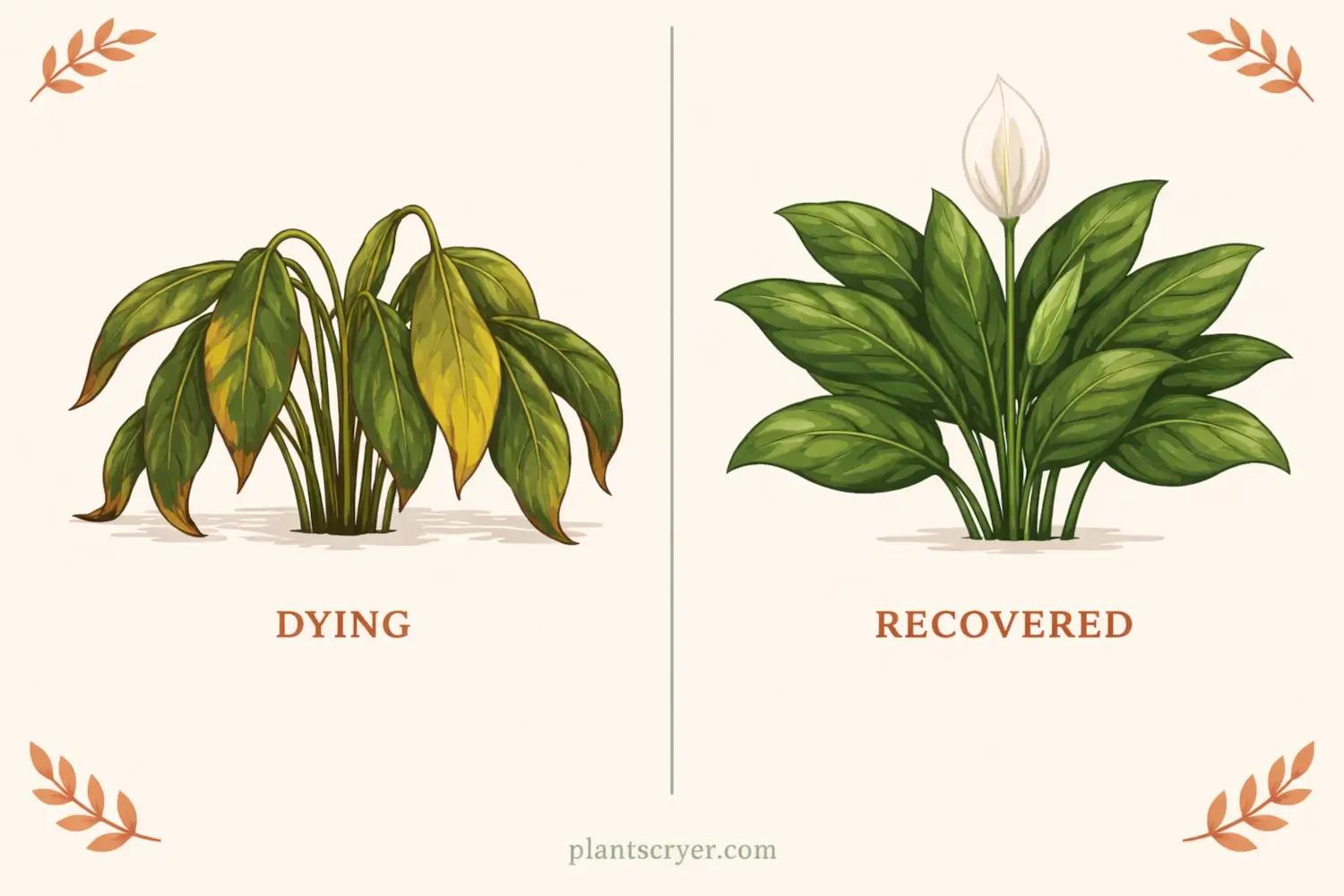 Peace Lily dying vs recovered comparison — Spathiphyllum wallisii plant care illustration showing drooping yellowing leaves with brown tips vs healthy upright green leaves with new growth and white bloom, demonstrating recovery from stress or root issues