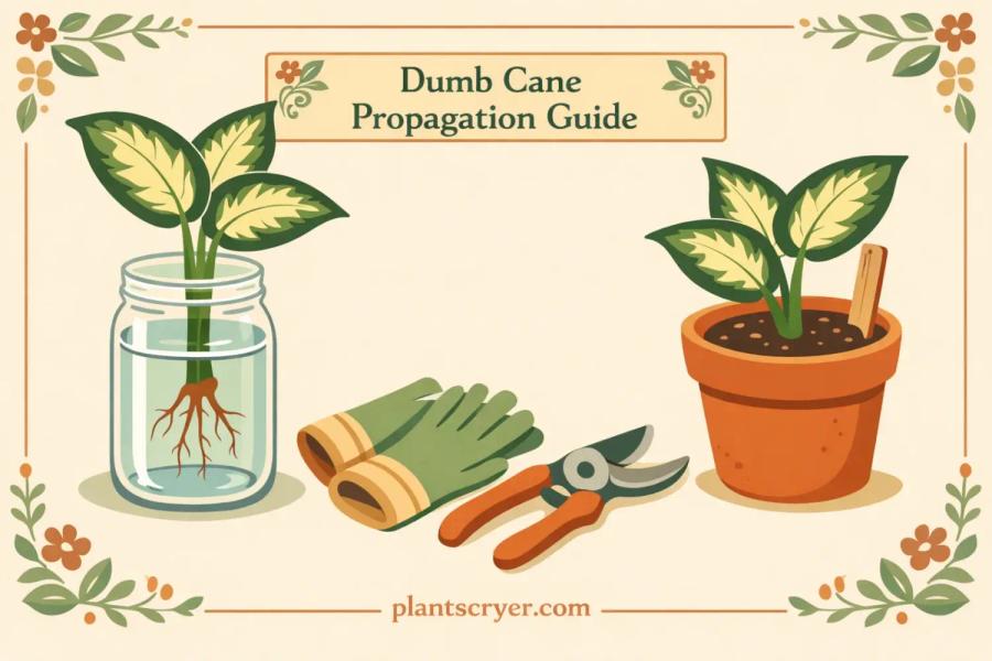 Dieffenbachia (dumb cane) propagation illustration showing stem cutting rooting in water in a glass jar and a newly potted cutting in soil, with gardening gloves and pruning shears, plus safety note about sap irritation, in a flat vector cottagecore botanical style on a cream background
