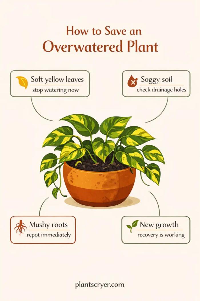 Overwatered houseplant care infographic showing a pothos in a terracotta pot with yellowing leaves and wet soil, including rescue tips: stop watering when leaves turn soft yellow, check drainage for soggy soil, repot immediately if roots are mushy, and look for new growth as a sign of recovery.
