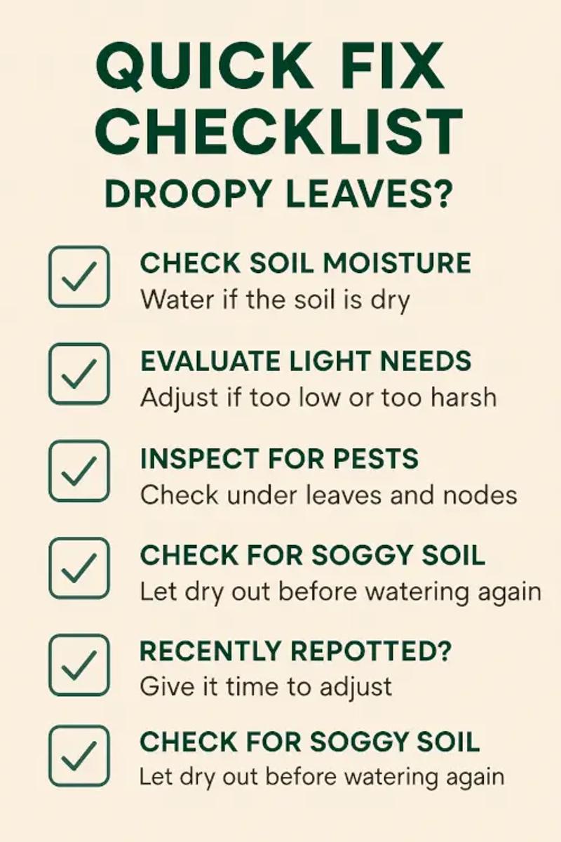 Checklist infographic titled “Quick Fix Checklist: Droopy Leaves?” with six plant care tips for drooping leaves, including checking soil moisture, light needs, pests, soggy soil, and recent repotting.