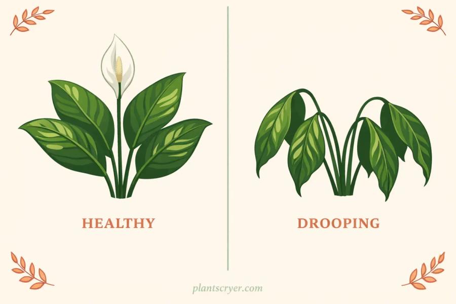 Peace Lily healthy vs drooping comparison illustration — flat vector botanical infographic showing upright glossy green Spathiphyllum wallisii with white bloom (healthy) next to wilted drooping green leaves (underwatered or stressed), cream background, cottagecore plant care visual guide