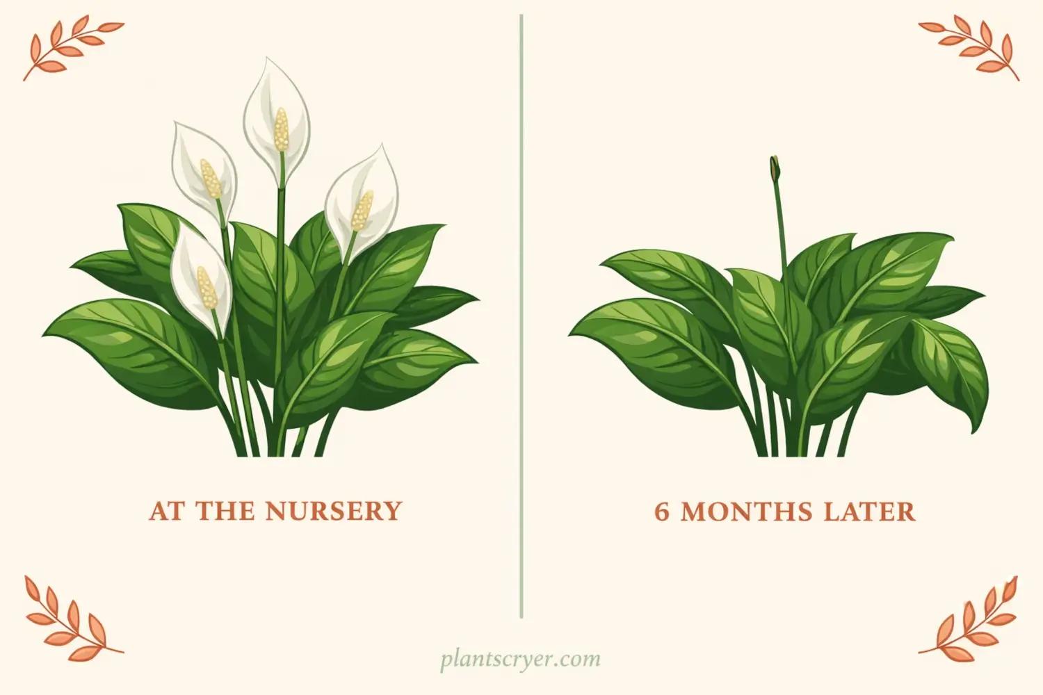 Peace Lily not blooming vs blooming at nursery — Spathiphyllum wallisii care illustration showing why indoor peace lilies stop flowering after purchase, with multiple white blooms at store vs green leafy plant without flowers 6 months later