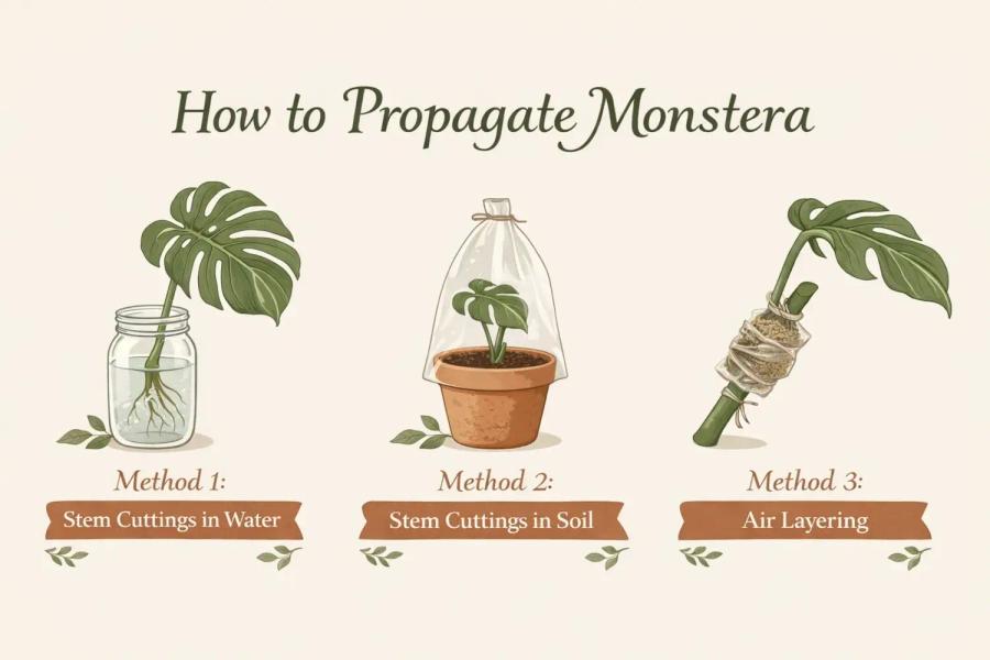 Flat vector infographic titled “How to Propagate Monstera” showing three methods: a monstera cutting rooting in a glass jar of water, a cutting planted in soil under a humidity cover, and an air layering example with moss wrapped around a node on a stem