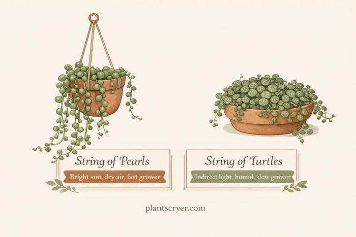 String of pearls vs string of turtles illustration showing Curio rowleyanus trailing from a hanging terracotta pot with round bead-like leaves and Peperomia prostrata in a shallow pot with small turtle-pattern leaves, with light, humidity, and growth differences displayed between the two plants