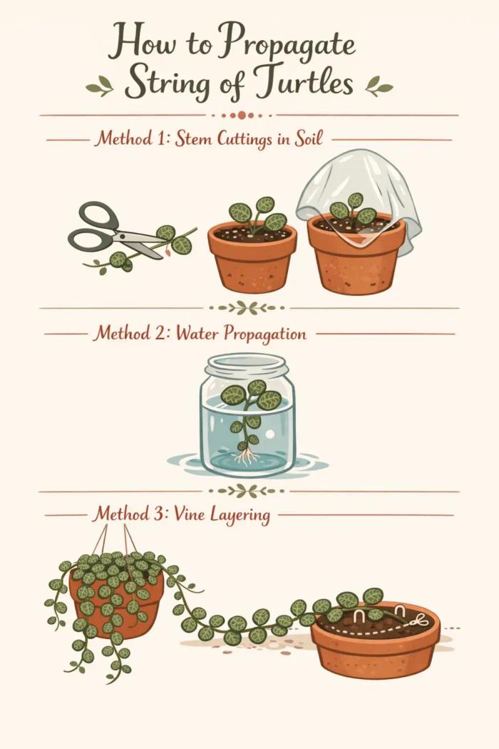 Infographic titled “How to Propagate String of Turtles” showing three propagation methods for the trailing houseplant Peperomia prostrata. Panel one illustrates cutting a vine below a node and planting the stem in soil in a terracotta pot covered with a clear humidity bag. Panel two shows water propagation with a vine cutting placed in a glass jar with roots forming underwater. Panel three shows vine layering, where a trailing stem from a hanging plant is pinned to soil in a second pot until roots develop. The plant features small round leaves with a turtle-shell pattern in shades of dark and silvery green.