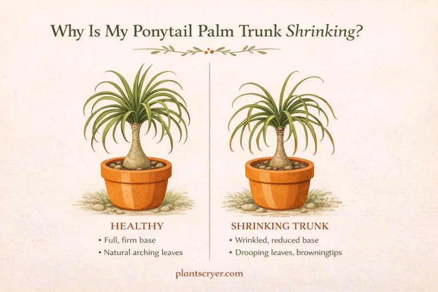 Side-by-side illustration of a healthy ponytail palm with a full round caudex next to a ponytail palm with a shrinking wrinkled trunk, both in terracotta pots on a cream background.