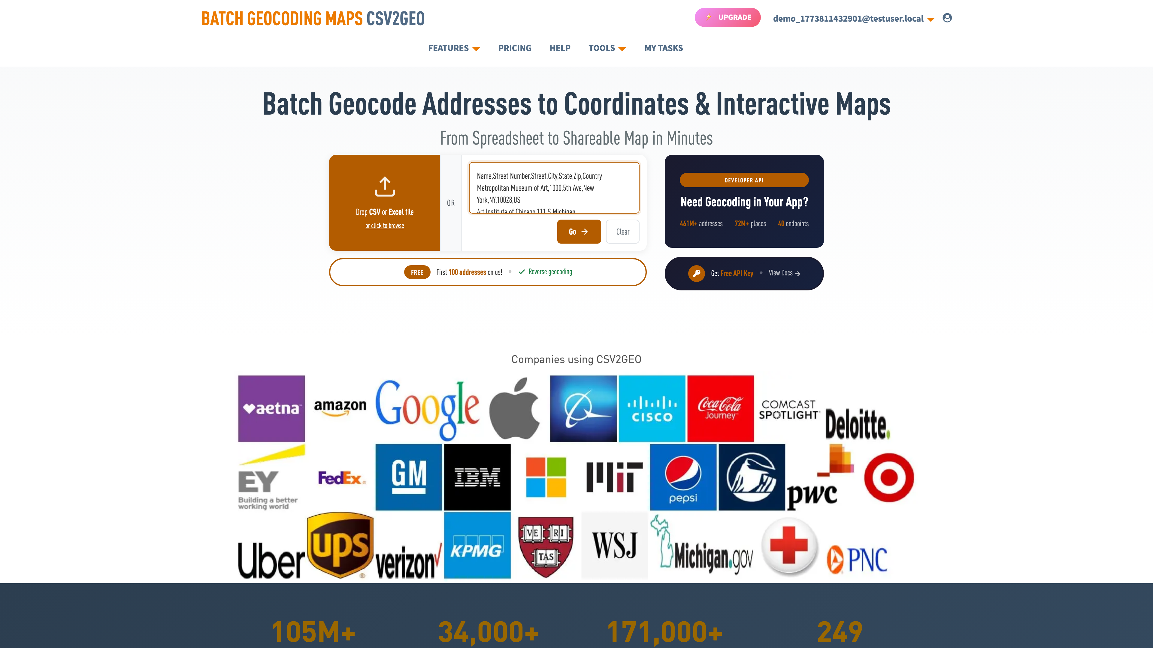 Paste or upload CSV data to csv2geo for batch geocoding