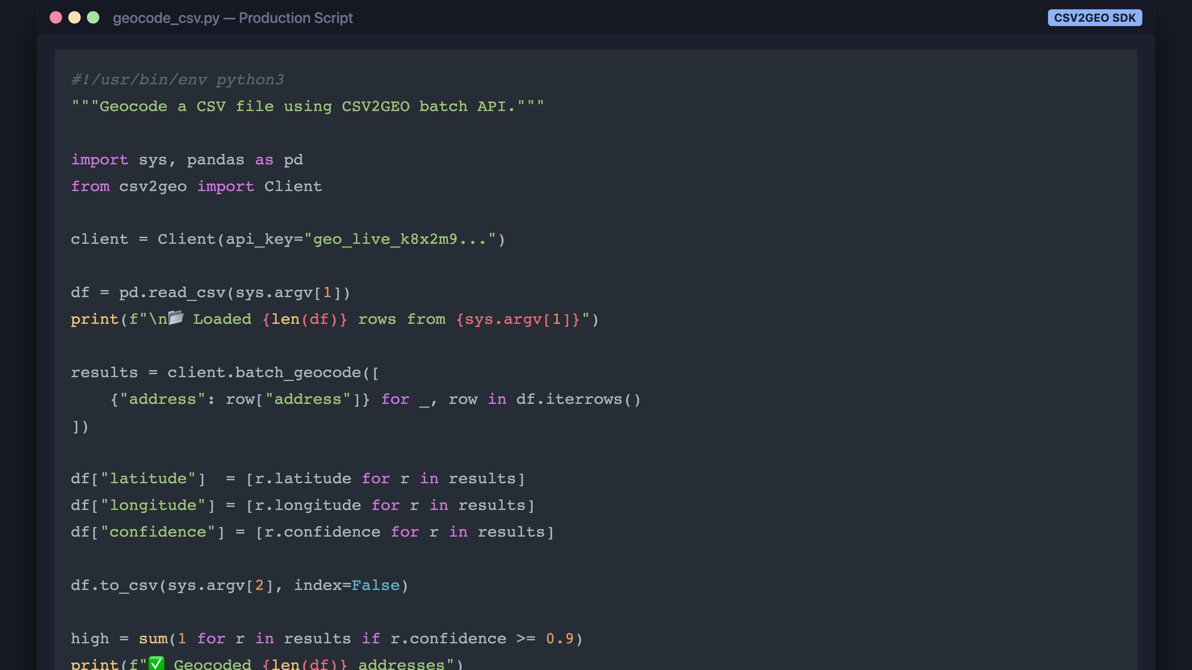 Production Python geocoding script processing 1,247 addresses with 96% high confidence results