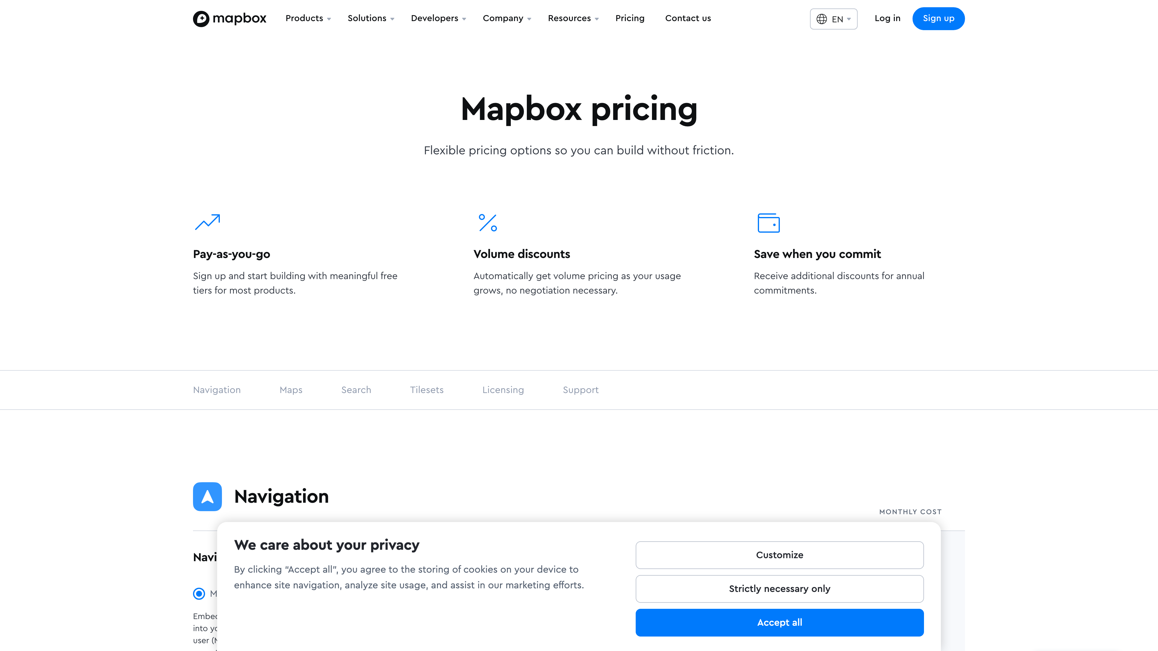 Mapbox pricing page showing pay-as-you-go geocoding rates and volume discounts